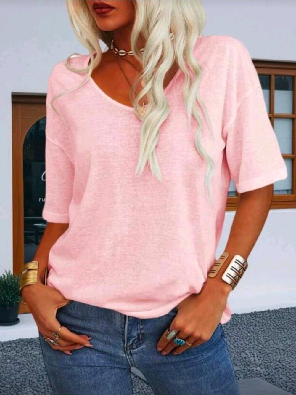 NEW Women's Oversized V-Neck Half Sleeve Loose Fit Solid Color Casual T-Shirt